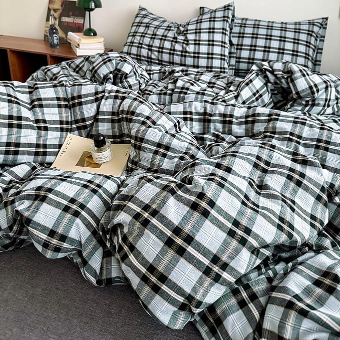 mixinni Vintage Grey & Pale Blue Buffalo Plaid Duvet Cover Set Twin Size - 3 Piece Washed Cotton Bedding Set with Grid Pattern, Soft & Breathable Duvet Cover with Pillowcases for Boys, Men& Women