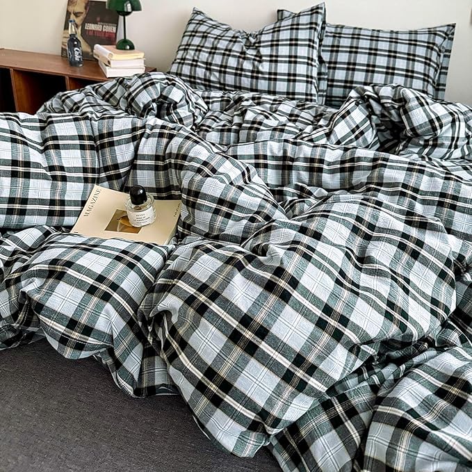 mixinni Vintage Grey & Pale Blue Buffalo Plaid Duvet Cover Set King Size - 3 Piece Washed Cotton Bedding Set with Grid Pattern, Soft & Breathable Duvet Cover with Pillowcases for Boys, Men& Women
