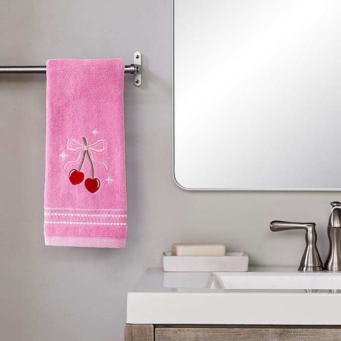 SKL Home Valentine's Day Cherry Hearts 100% Cotton Embroidered 2pc Hand Towel Set, Decorative for Bath/Kitchen/Bar & Gift, Pink
