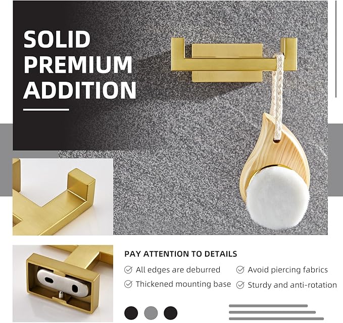 Angle Simple Towel Hook for Bathroom, SUS 304 Stainless Steel Hand Towel Holder, Double Robe Coat Hook for Wall, Brushed Dark Gold