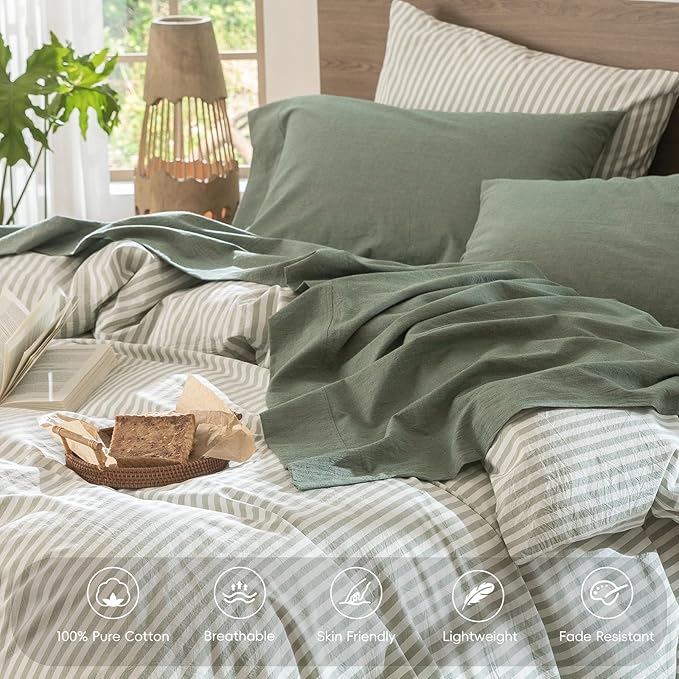 MooMee Bedding Sheet Set 100% Washed Cotton Linen Like Textured Breathable Durable Soft Comfy (Heathered Green, Queen)