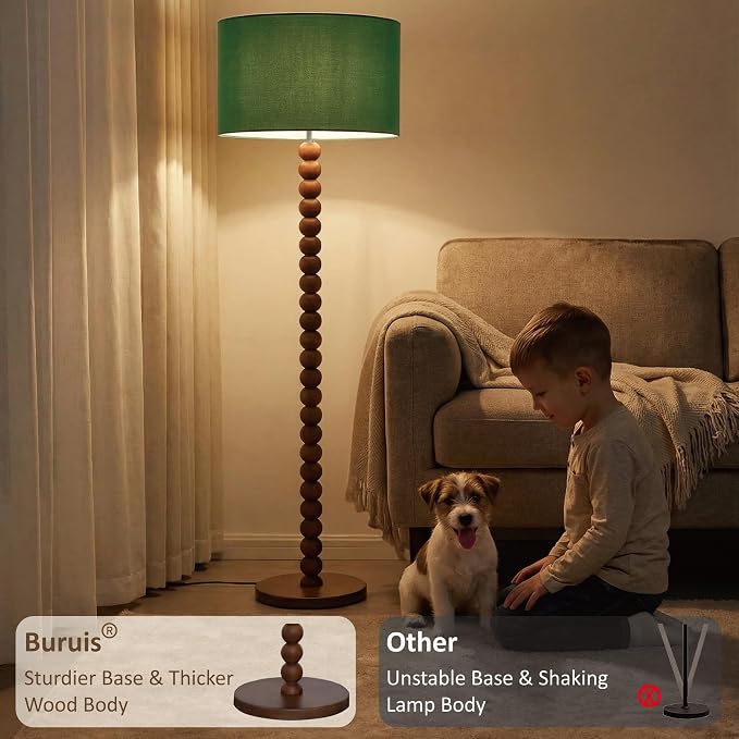 Buruis 61" Beaded Wood Floor Lamp with 17.2" Large Linen Shade, Retro Mid-Century Accent Walnut Finish Standing Lamp for Living Room, Bedroom, Office, Corner, UL Listed, Bulb Not Included, Green