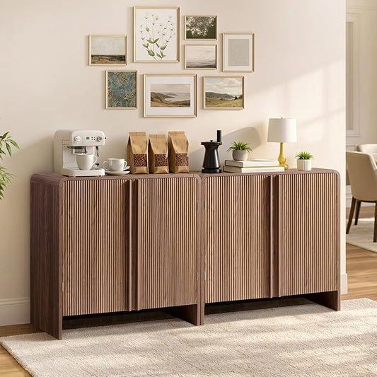 AMERLIFE 2-Piece Fluted Buffet Cabinet with Storage, Modern Sideboard Cabinet with Doors & Adjustable Shelf, Console Table & Credenza for Living Room, Kitchen & Entryway, Brown
