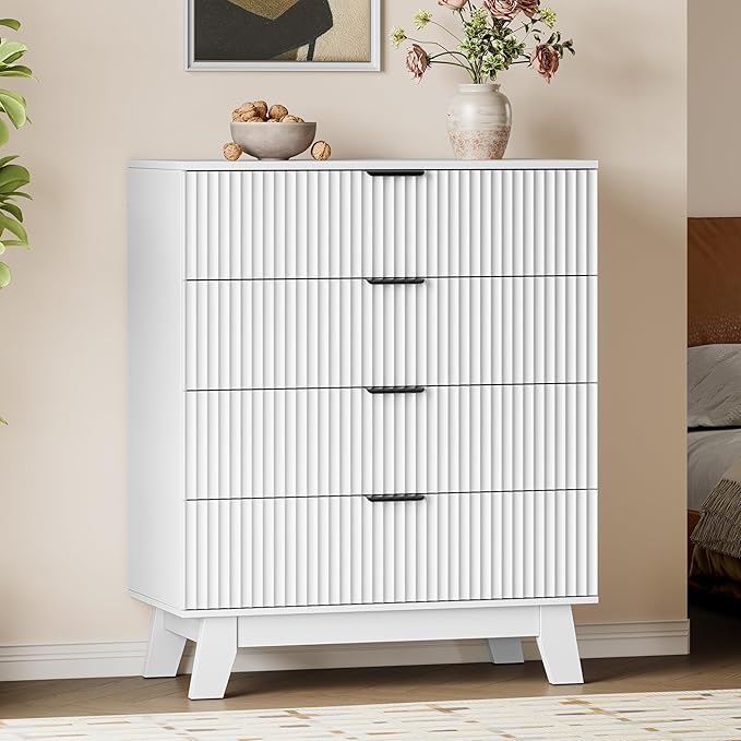 39" Tall Dresser for Bedroom, 4-Drawer Fluted Chest of Drawers, Modern Wood Highboy with Deep Storage, Metal Slides & Handles, Anti-Tip Kit, Vertical Clothes Organizer for Apartment, Nursery
