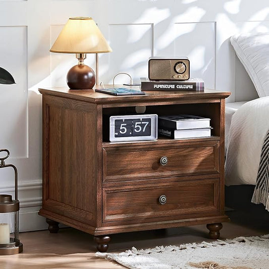 24" Wide Farmhouse Nightstand with Charging Station, End Table with 2 Drawers, Brown Wood Dresser for Bedroom Cabinet, Bed Side Table Chest of Drawers, Night Stand for Living Room, Closet