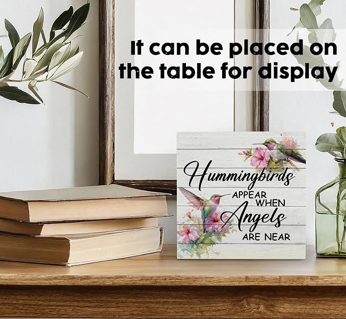 Hummingbird Decor, Hummingbird Gifts For Women, Hummingbirds Appear When Angels Are Near Wooden Box Signs, Farmhouse Floral Bird Wood Decoration Home Decor For Desk Table Shelf 6x6 Inch Decorative Signs & Plaques