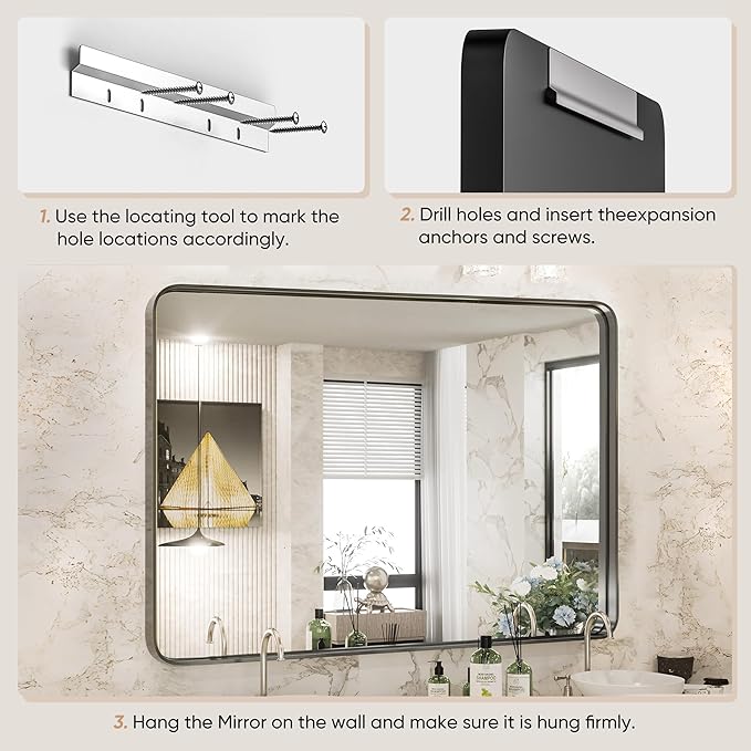 Sweetcrispy 24x36 Inch Black Bathroom Mirrors, Bathroom Mirrors for Over Sink, Rectangle Wall Decor for Entryway, Bedroom, Vanity,Anti-Rust, Horizontal or Vertical Hanging, Black