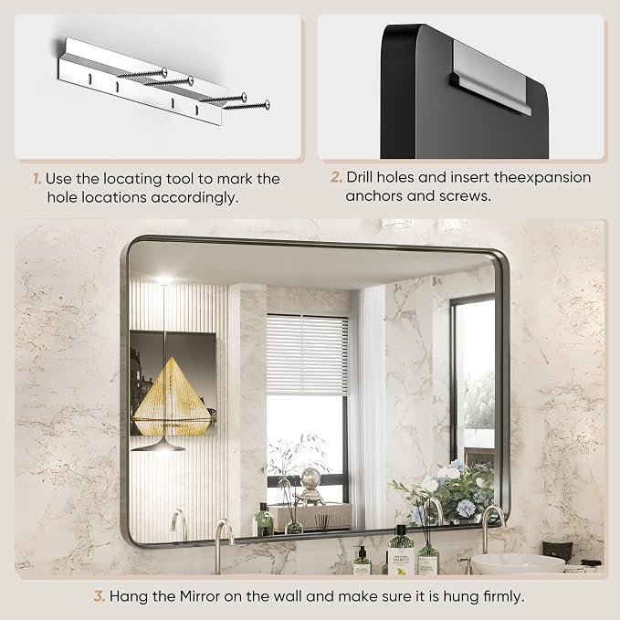 Sweetcrispy 22x30 Inch Black Bathroom Mirrors, Bathroom Mirrors for Over Sink, Rectangle Wall Decor for Entryway, Bedroom, Vanity,Anti-Rust, Horizontal or Vertical Hanging, Black