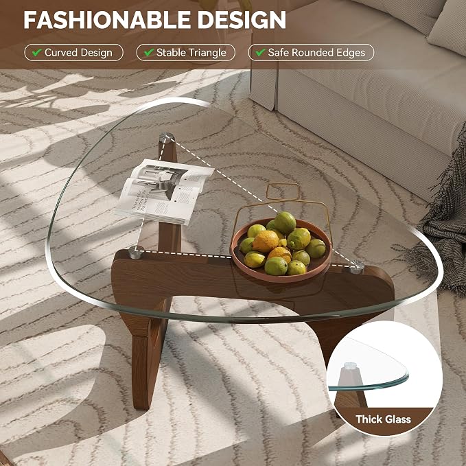 Modern Glass Coffee Table, Triangle Center Table with Tempered Glass Top& Unique Wooden Base, 42.5” Mid Century Tea Tables for Living Room, Apartment, Office,Walnut &Transparent