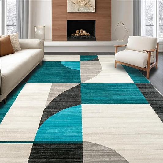 Flatwoven High Traffic Area Rug 5x7, Modern Abstract Geometric Rug Stylish Home Decor, Non Slip, Stain Resistant, Washable Area Rugs for Living Room, Bedroom (Teal, 5x7)