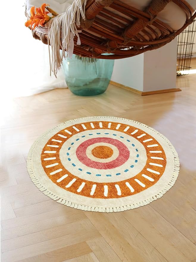 Lukinbox Boho Bathroom Rugs -2Ft Washable Round Area Rug, Soft Circle Bedroom Rug with Fringes, Small Colorful Non-Slip Sun Circular Rainbow Throw Rugs for Kids Room Chair Sofa Entryway