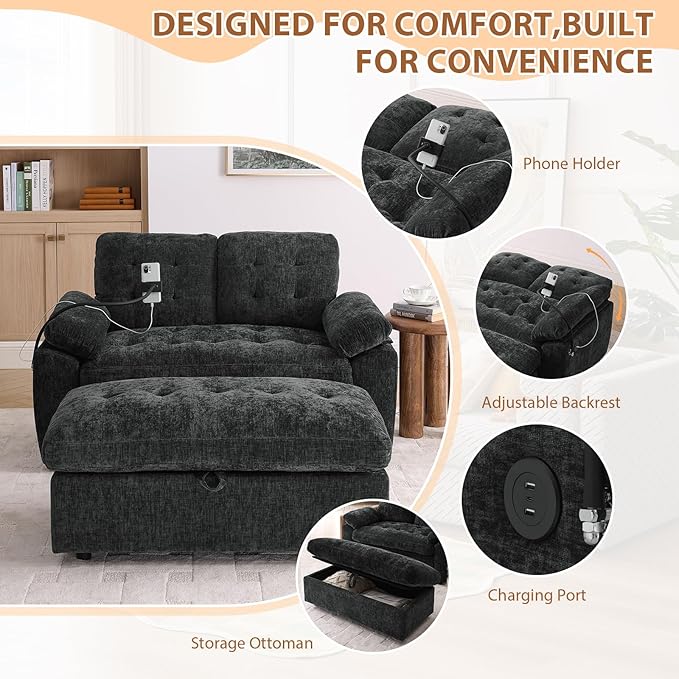 Oversized Chaise Lounge Chair Indoor, Double Convertible Recliner Reading Arm Sofa Chair W/Adjustable Backrest & Charging Port Couch Bed for Living Room, Home Theater & Bedroom, Black