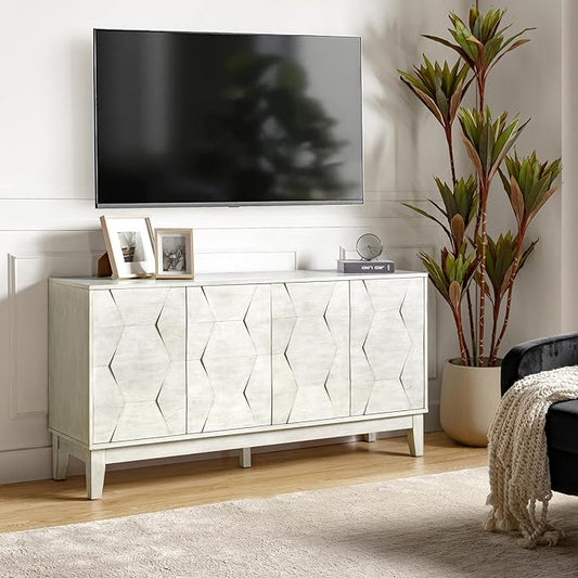 HULALA HOME Mid Century Sideboard Buffet Cabinet with Solid Wood Legs, 60" Kitchen Storage Cabinet Credenza with 4 Doors and 2 Shelves, Accent Console Table, White