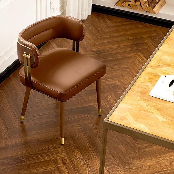 Modern Upholstered Leather Dining Chairs with High-Resilience Foam Cushion, Walnut Wood Veneer&Gold Metal Legs, 22Lx20.5Wx28.3H Inches, Anti-Slip Kitchen Chairs for Dining Room,Tan