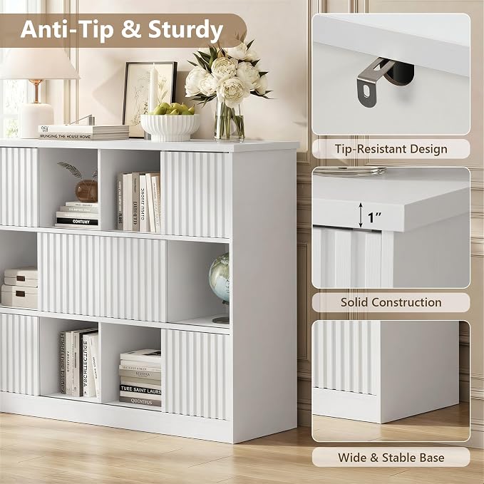 Einhomn 12 Cube Storage Organizer with Sliding Doors, Modern Fluted Bookshelf with Storage Cabinet, Wooden Bookcase with 6 Open Shelves for Living Room, Home Office, Bedroom, White