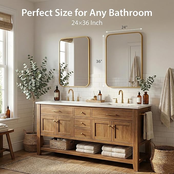 2-Pack 24x36 Inch Antique Gold Bathroom Vanity Mirrors | Flush Mount Deep Set Metal Wall Mirror for Over Sink | HD Shatterproof Glass, Rustproof