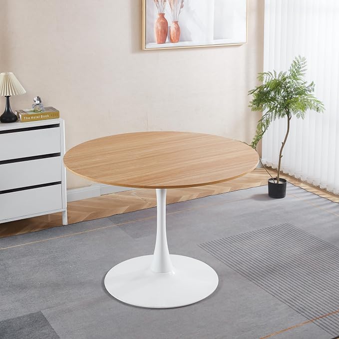 Round Dining Table, Modern Tulip Kitchen Table with Thickened Tabletop & Sturdy Pedestal Base, Tulip Shape Table for Small Places, Office, Cafe (Oak, 42.1 inches)