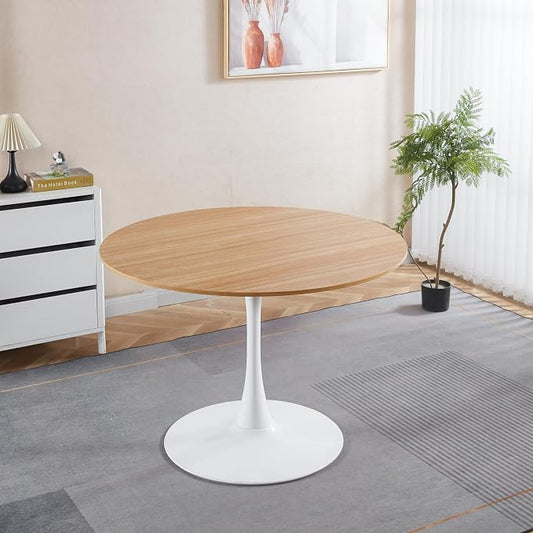 Round Dining Table, Modern Tulip Kitchen Table with Thickened Tabletop & Sturdy Pedestal Base, Tulip Shape Table for Small Places, Office, Cafe (Oak, 42.1 inches)