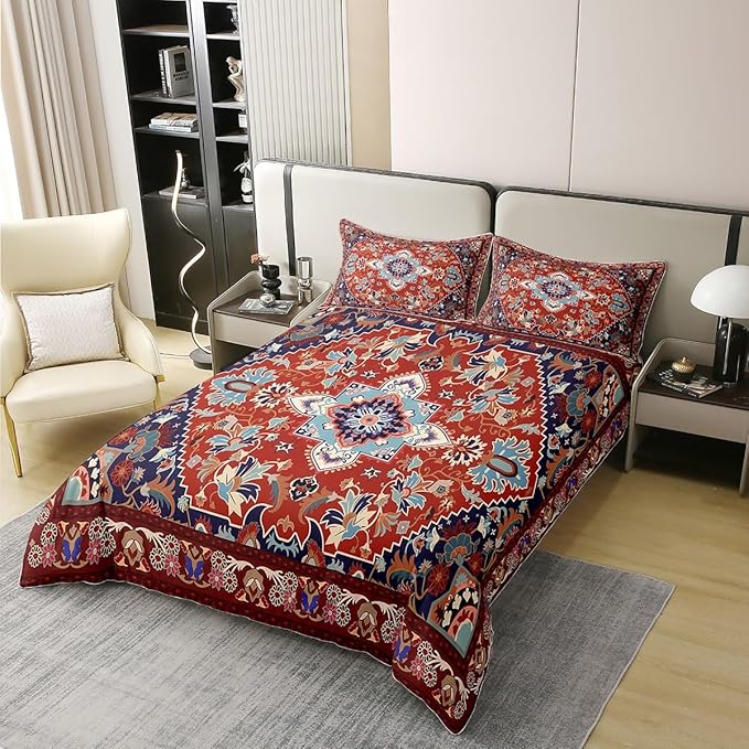 100% Cotton Retro Floral Duvet Cover Full Tribal Exotic Bedding Set Boho Antique Fashion Retro Red Yellow Comforter Cover Vintage Bohemian Bedroom Decor Fashion Quilt Cover for Women Men