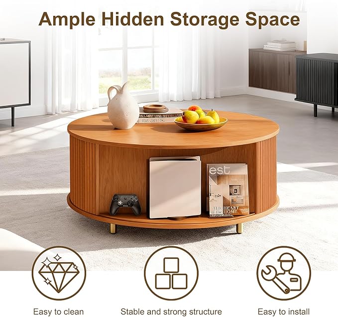 DHH Round Coffee Table, 31.5" Mid Century Modern Coffee Table with 360° Sliding Tambour Door, Fluted Accent Coffee Table with Storage,Adjustable Footpads for Living Room, Yellow Walnut