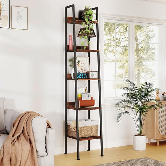 Ladder Shelf, 5 Tier Ladder Shelf, 13.5” Wide Tower Storage Shelf for Books, Anti Tip Feature, Steel Frame, Perfect for Bookshelf, Plants, Kitchen, Living Room, Office, Rustic Brown