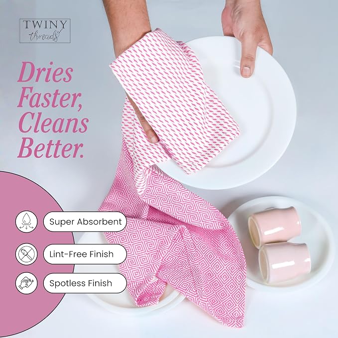 TWINY threads Kitchen Towel Diamond Weave Multi Color Set, Premium 100% Cotton Kitchen Linen, Absorbent Quick Drying Dish Rags, Washable Reusable Multi Purpose for Drying Dishes, 4 Pack, 18x26 Inches