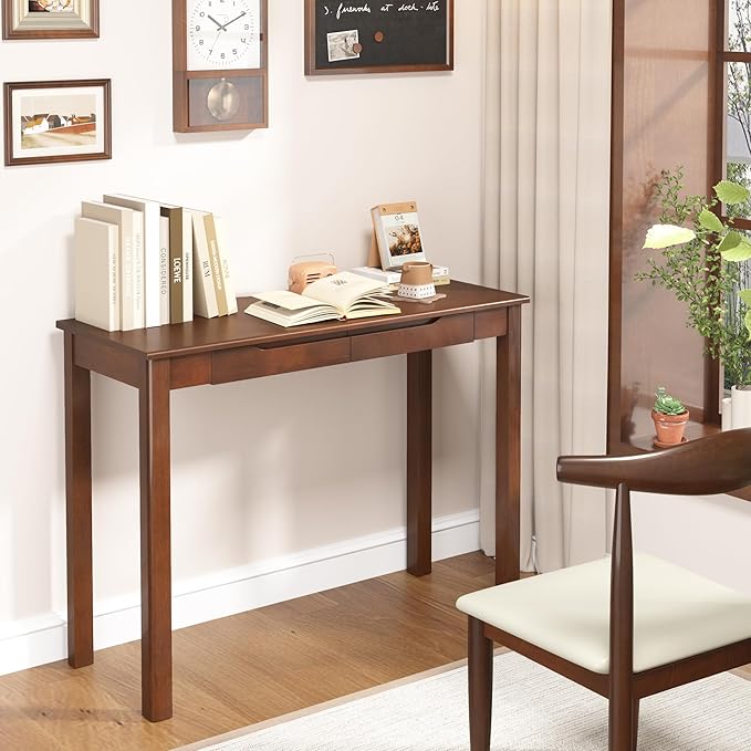 Solid Wood Desk with Drawers - 39 x 16 Inch Vintage Narrow Desks, Mid Century Modern Desks, Rubber Wood Study Table, Small Writing Desk for Bedroom|Small Spaces - Walnut Color