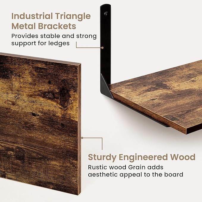 Floating Shelves for Wall, 12 Inch Deep Floating Shelves Set of 2, Wall Mounted Shelf with Metal Brackets, Rustic Wood Shelf for Bathroom, Kitchen and Living Room, Rustic Brown, 24W x 12D