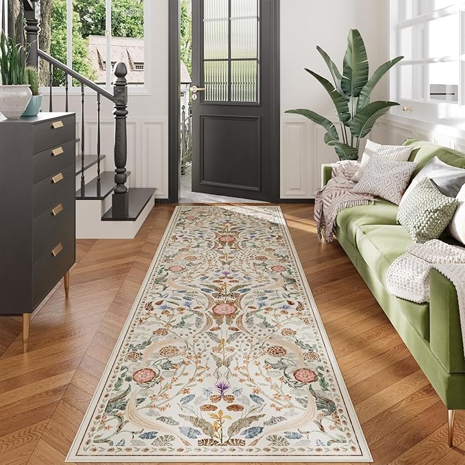 AMTOVO 2x6 Runner Rug for Hallway, Washable Non-Slip Long Kitchen Carpet, Floral Vintage Distressed Floor Mat for Hallways Entryway Living Room Laundry Room Bathroom Farmhouse, Beige