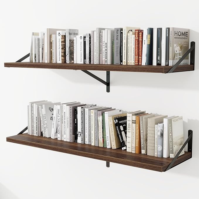 Deep Wall Shelves 48"W x 12"D Engineered Wood Floating Shelves for Wall, Sturdy Metal Bracket Bookshelves Home Decor Storage for Living Room Bedroom Bathroom Kitchen, Set of 2, Walnut Finish