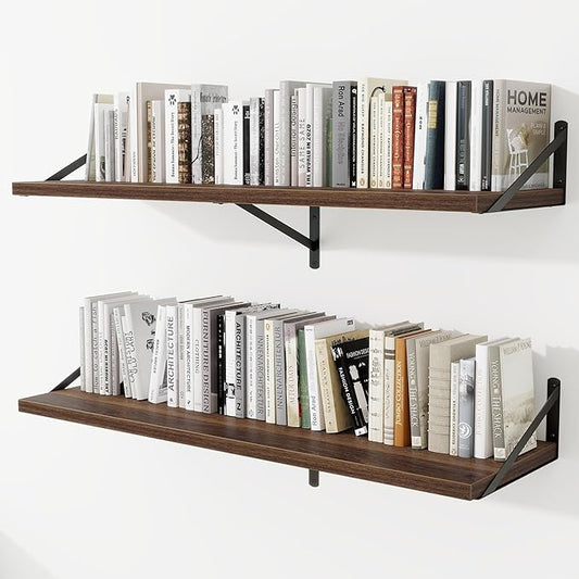 Deep Wall Shelves 48"W x 12"D Engineered Wood Floating Shelves for Wall, Sturdy Metal Bracket Bookshelves Home Decor Storage for Living Room Bedroom Bathroom Kitchen, Set of 2, Walnut Finish