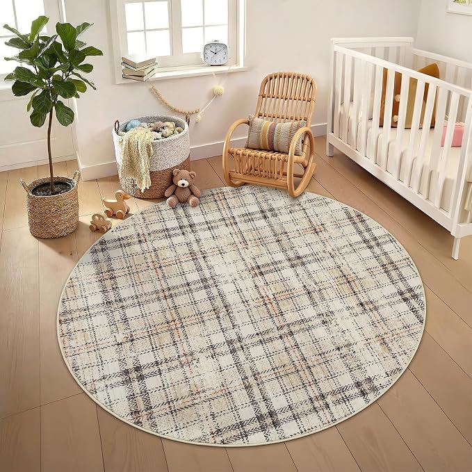 Tartan Plaid Round Rugs 6Ft Washable Area Rug for Playroom, Kids Non-Slip Neutral Classic Circle Rug Modern Large Carpet Soft Boys Rug for Classroom Dorm Bedroom, Beige