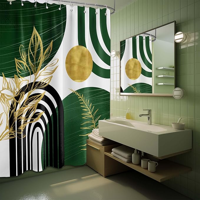 Olive Green and Gold Shower Curtain Boho Mid Century Modern Hunter Green Shower Curtains for Bathroom Decor Sets, Waterproof Cloth Fabric with Hooks 60x72in