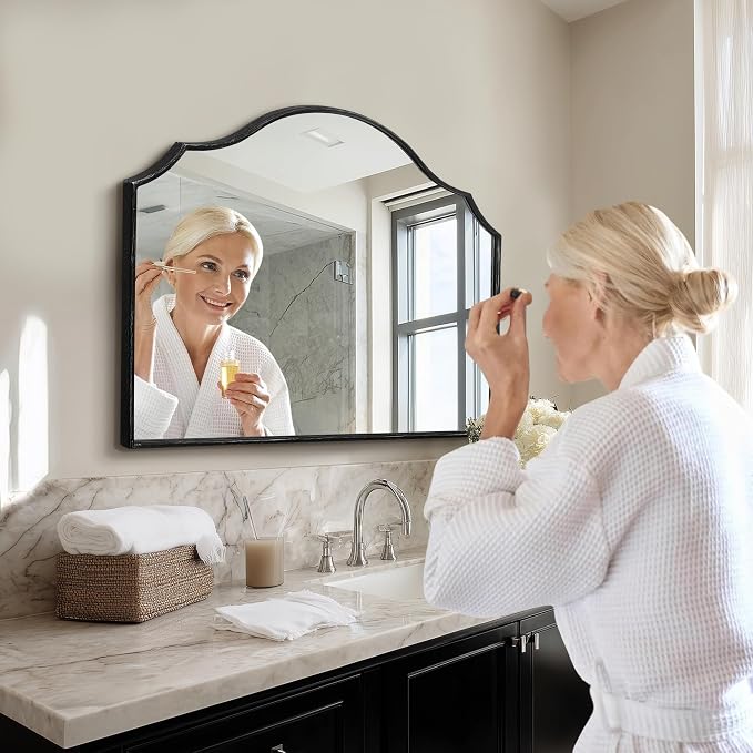 Besdomus Scalloped Arched Mirror for Vanity: 32"x24" Black Modern Minimalist Wooden Wall Mirror - Decorative Dresser Wall for Mantel/Bedroom/Entryway/Hallway - Ideal for 30-60 Age Fashion Women