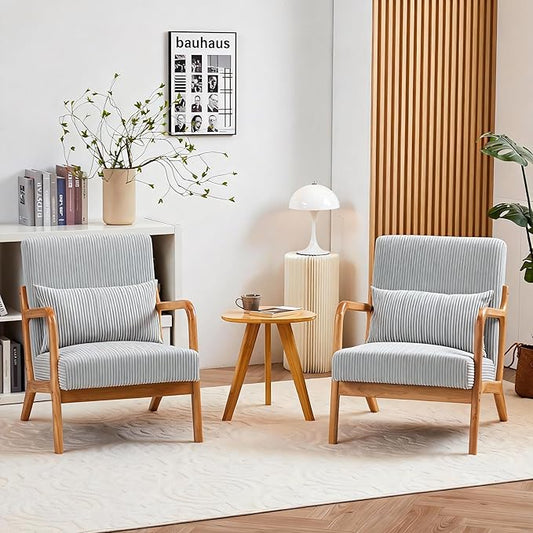 Accent Chairs Set of 2, Mid Century Modern Chair with Pillow, Arm Chair with Solid Wood, Reading Relaxing Leisure Chair for Living Room, Waiting Room, Light Grey