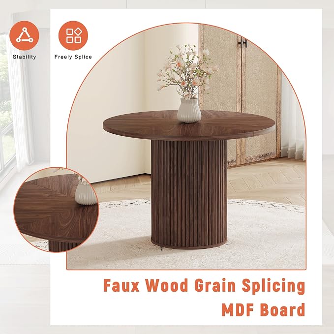 42" Round Dining Table for 4-6,Mid Century Modern Dining Room Table with Walnut Wood Grain,Rustic Kitchen Table with Round Pedestal for Dining Room Kitchen