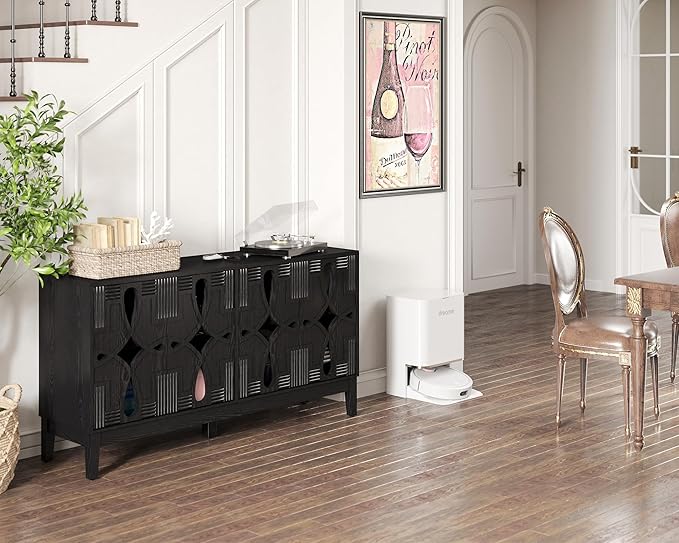 LKTART Black Sideboard Buffet with Hollow Carved Doors and Outlet Holes,Accent Cabinet,Credenzas Storage Cabinet for Living,Kitchen