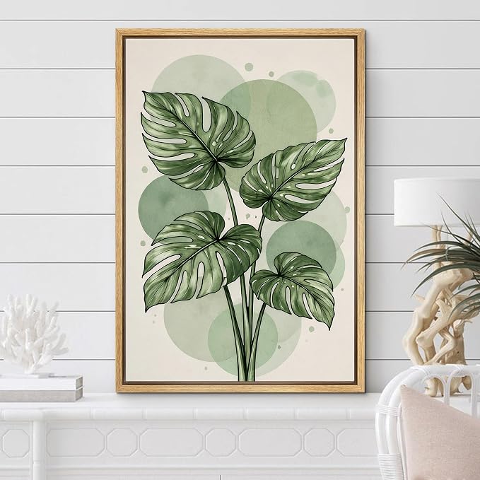 Woodrose Framed Canvas Print Wall Art Green Monstera Leaves Botanical Illustrations Modern Art Minimalist 3D Colorful Ultra for Living Room, Bedroom, Office - 16"x24" NATURAL
