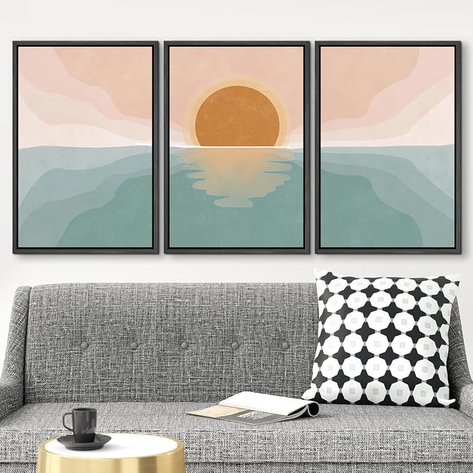 wall26 Framed Canvas Print Wall Art Set Pastel Mountain Range Forest Dawn Abstract Nature Illustrations Modern Art Nordic Decorative Minimal Boho for Living Room, Bedroom, Office - 16"x24"x3 Black
