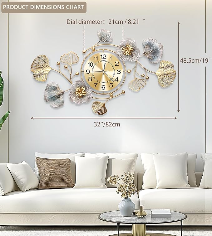 Clocks for Living Room, Large Wall Clock, 3D Silent Wall Clock, Retro Metal Ginkgo Leaf Design, for Bedroom Kitchen Decorative Wall Clocks（32''x18'' ）