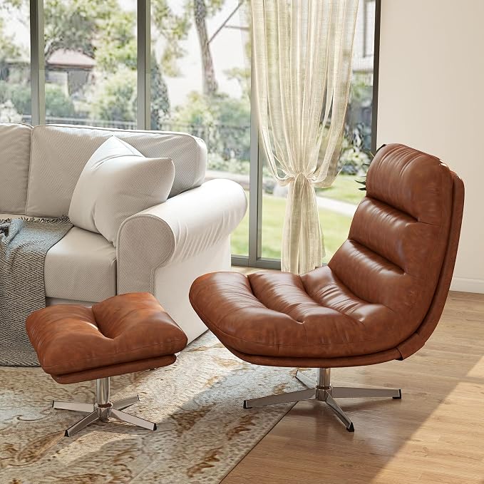 Modern Swivel Accent Chairs with Ottoman Set of 2, PU Leather Oversized Armless Reading Chairs with Footrest, 33'' Wide Upholstered Lounge Chairs with Footstool for Living Room Bedroom Comfy, Brown