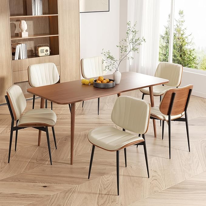 Dining Chair, Mid Century Modern Dining Room Chairs, Upholstered Faux Leather Kitchen Chairs with Walnut Bentwood Back and Metal Legs for Kitchen Dining Room Living Room, Beige
