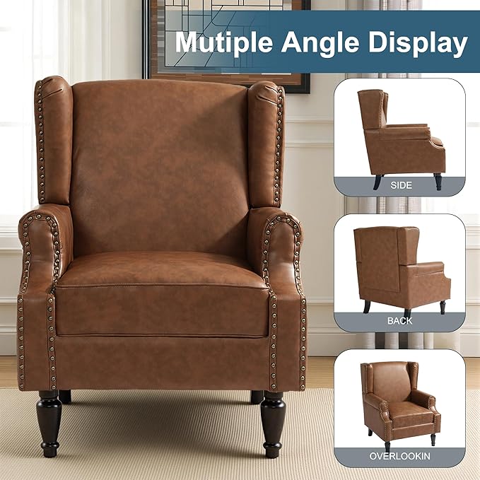 Faux Leather Wingback Chairs Set of 2, High Back Accent Chair, Comfy Upholstered Armchair with Nailhead Trim for Living Room, Single Sofa Reading Chair for Small Spaces, Bedroom-P Brown