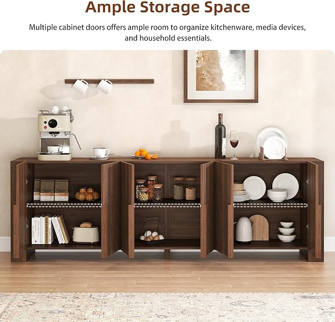 Fluted Sideboard Buffet Cabinet with Storage Cabintes, Farmhouse Storage Credenza Cabinet with Shelves, 78.75" Large Coffee Bar TV Stand for Living Room Kitchen Dining, Walnut