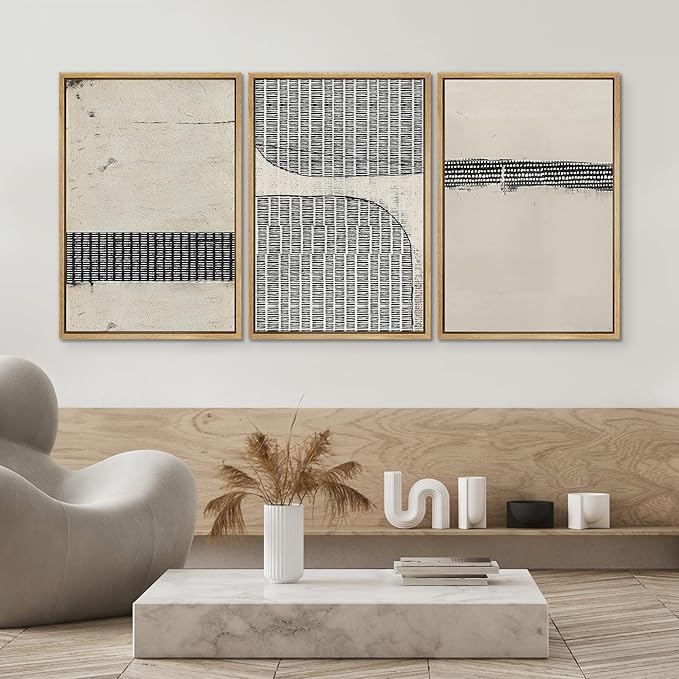 SIGNWIN Framed Canvas Print Wall Art Set Black Tan Grunge Grid Polygon Pattern Abstract Shapes Cozy Neutral Decorative Contemporary Minimal for Living Room, Bedroom, Office - 16"x24"x3 Natural