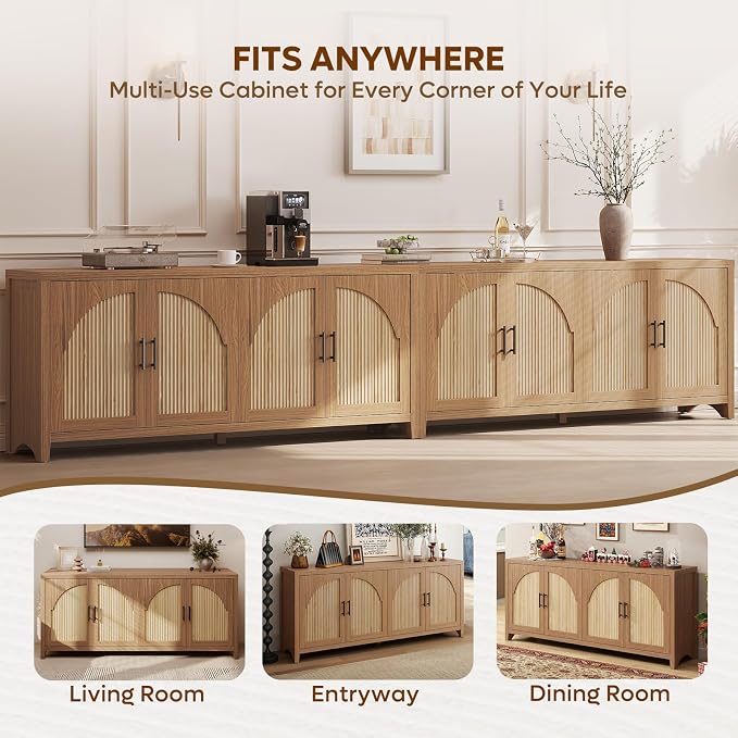 Bestier 70" Sideboard Buffet Cabinet with Storage, Boho Credenza Storage Cabinet, Farmhouse Arch Fluted Doors & Adjustable Shelves, Wood Long Buffet Cabinet for Living Room, Entryway, English Oak