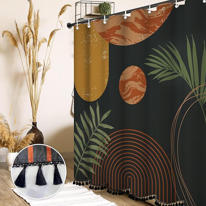 Boho Mid Century Leaf Shower Curtain Set,Arch Sun Design,Minimalistic Leaves Pattern,Waterproof and Luxurious Fabric-12 Hooks(Coffee Brown-72" x 96")