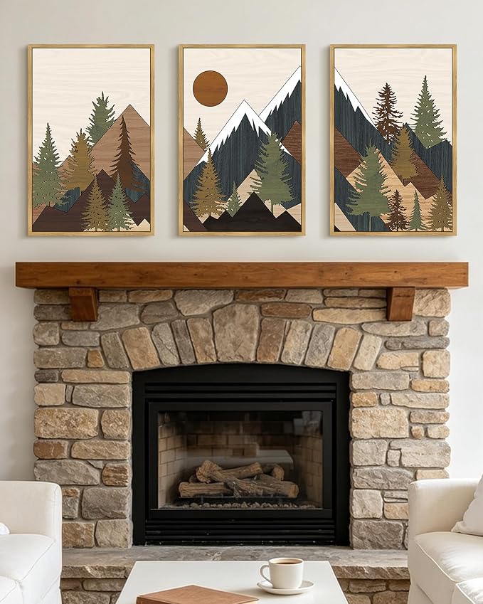 KUVIOKE Morden Mountains Framed Wall Art Boho Pine Tree Forest Nature Landscape Artwork Bohemain Farmhouse Rustic Bedroom Living Room Decor 16x24in (Natural Framed)