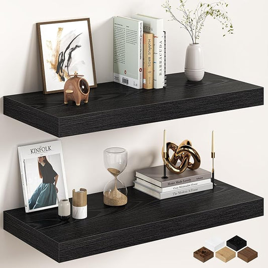 30Inch Black Floating Shelves for Wall, 12 Inch Deep Shelves for Bedroom, Kitchen, Bathroom Wall Mounted, Rustic Wood Floating Shelf with Invisible Brackets for Books, Storage, Decor, 2 Packs