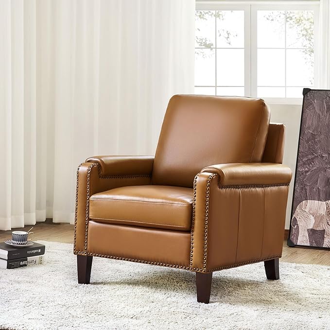 HULALA Home Genuine Leather Accent Chair with Wooden Legs & Nailhead Trim, Comfy Upholstered Armchair with Removable Cushion & Rolled Arms Set of 2 (Camel)